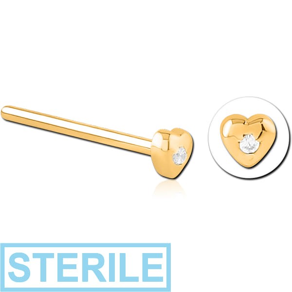 STERILE GOLD PVD COATED SURGICAL STEEL STRAIGHT JEWELLED NOSE STUD