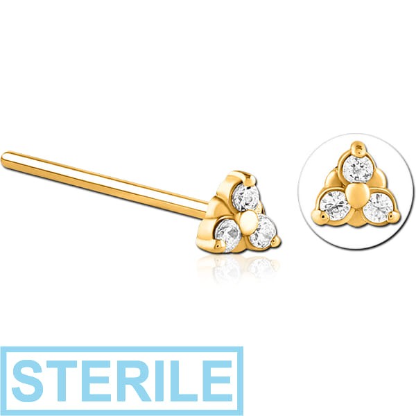STERILE GOLD PVD COATED SURGICAL STEEL STRAIGHT JEWELLED NOSE STUD