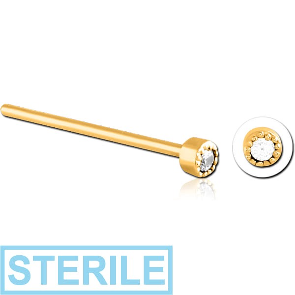 STERILE GOLD PVD COATED SURGICAL STEEL STRAIGHT JEWELLED NOSE STUD