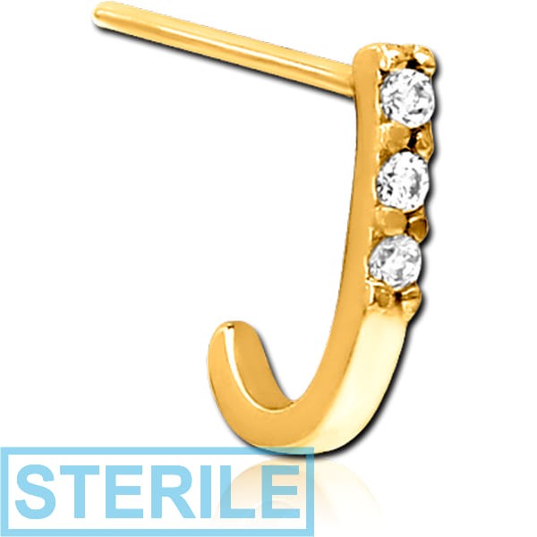 STERILE GOLD PVD COATED SURGICAL STEEL STRAIGHT JEWELLED WRAP AROUND NOSE STUD - TRIPLE GEM SQUARE BAR