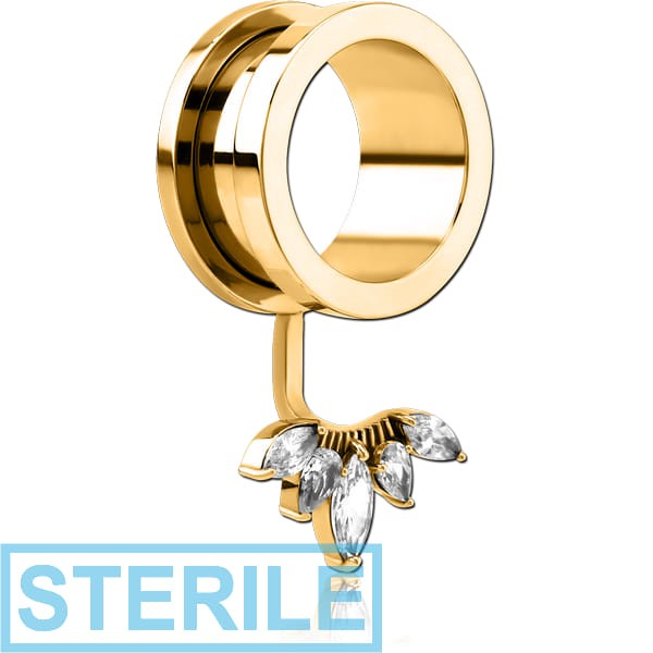 STERILE GOLD PVD COATED STAINLESS STEEL THREADED TUNNEL WITH SURGICAL STEEL JEWELLED TOP