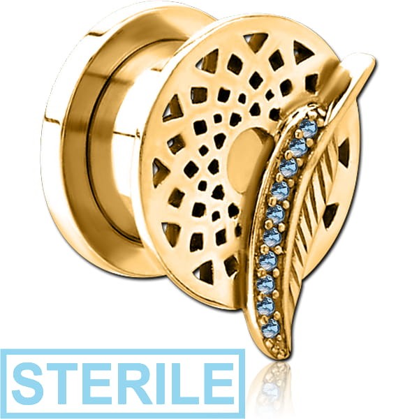 STERILE GOLD PVD COATED STAINLESS STEEL THREADED TUNNEL WITH SURGICAL STEEL JEWELLED TOP