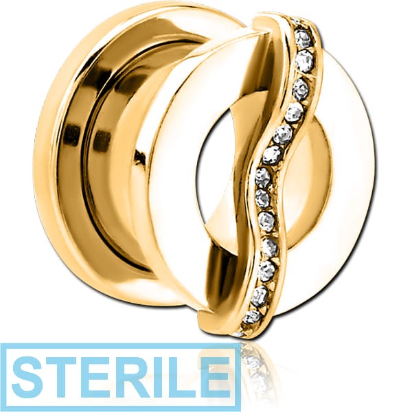 STERILE GOLD PVD COATED STAINLESS STEEL THREADED TUNNEL WITH SURGICAL STEEL JEWELLED TOP