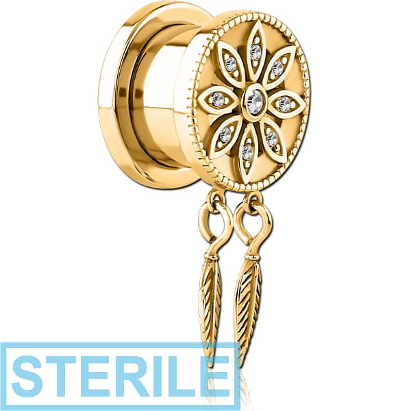 STERILE GOLD PVD COATED STAINLESS STEEL THREADED TUNNEL WITH SURGICAL STEEL JEWELLED TOP