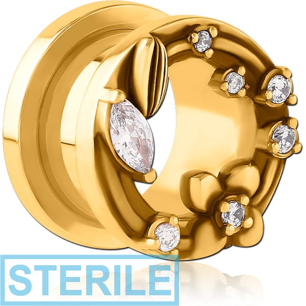 STERILE GOLD PVD COATED STAINLESS STEEL THREADED TUNNEL WITH SURGICAL STEEL JEWELLED TOP