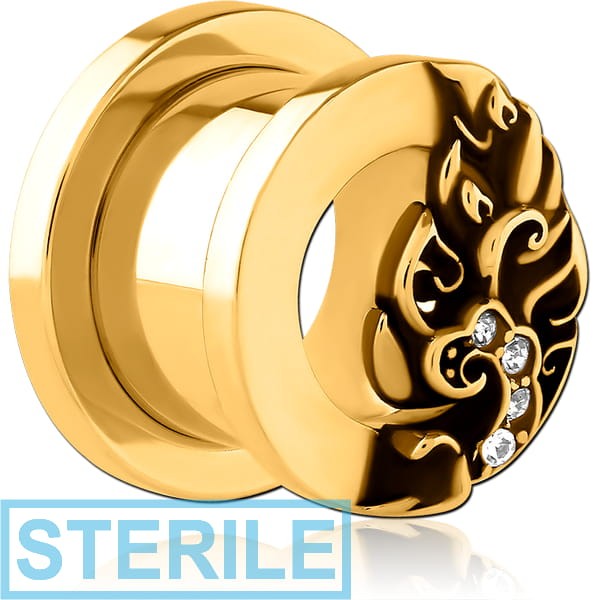 STERILE GOLD PVD COATED STAINLESS STEEL THREADED TUNNEL WITH SURGICAL STEEL JEWELLED TOP