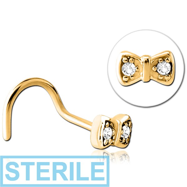STERILE GOLD PVD COATED SURGICAL STEEL JEWELLED LARGE CURVE NOSE STUD - BOW