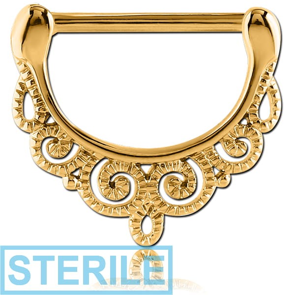 STERILE GOLD PVD COATED SURGICAL STEEL NIPPLE CLICKER - FILIGREE