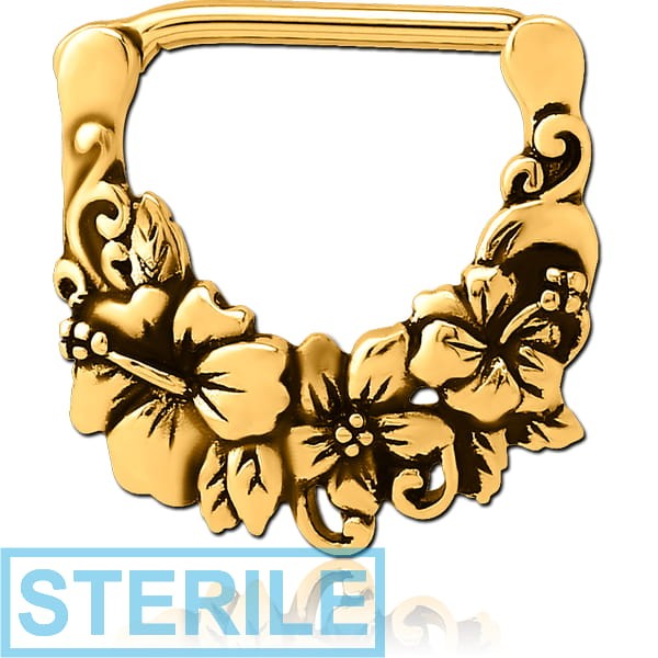 STERILE GOLD PVD COATED SURGICAL STEEL NIPPLE CLICKER - FLOWERS
