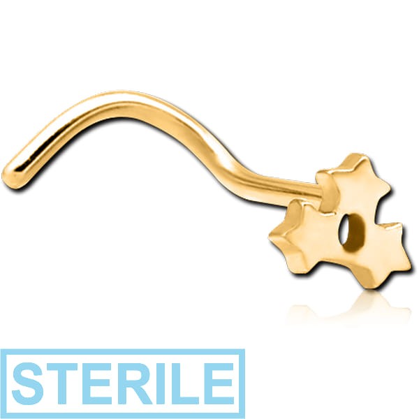 STERILE GOLD PVD COATED SURGICAL STEEL CURVED NOSE STUD - TRIPLE STAR