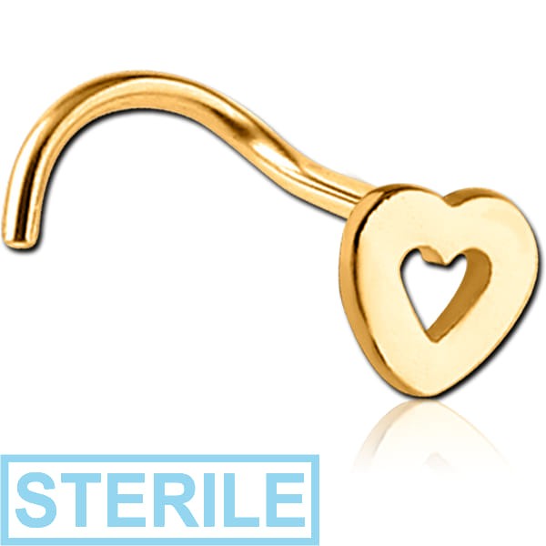 STERILE GOLD PVD COATED SURGICAL STEEL CURVED NOSE STUD - HEART