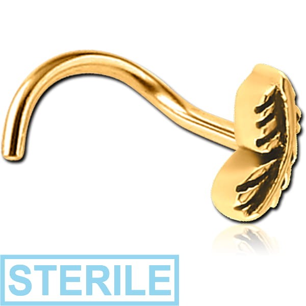 STERILE GOLD PVD COATED SURGICAL STEEL CURVED NOSE STUD - FEATHER