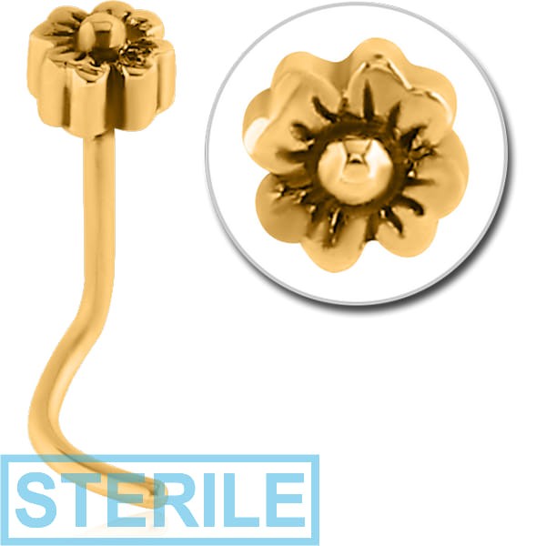 STERILE GOLD PVD COATED SURGICAL STEEL CURVED NOSE STUD - FLOWER