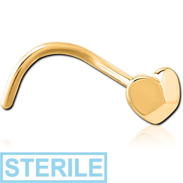 STERILE GOLD PVD COATED SURGICAL STEEL CURVED NOSE STUD - 3D HEART