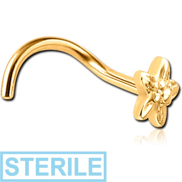 STERILE GOLD PVD COATED SURGICAL STEEL CURVED NOSE STUD - FLOWER