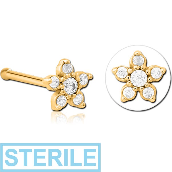STERILE GOLD PVD COATED SURGICAL STEEL JEWELLED NOSE BONE - FLOWER