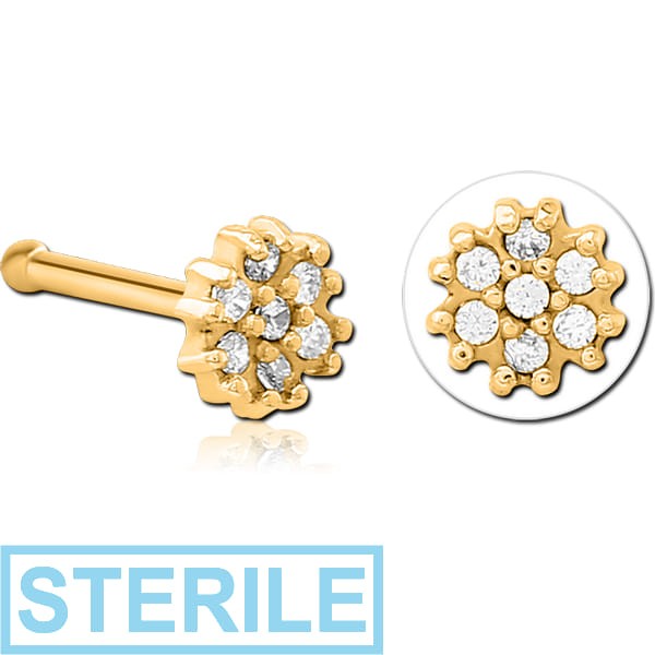 STERILE GOLD PVD COATED SURGICAL STEEL JEWELLED NOSE BONE - FLOWER