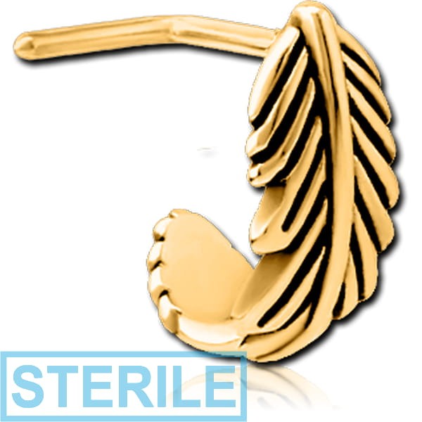 STERILE GOLD PVD COATED SURGICAL STEEL 90 DEGREE WRAP AROUND NOSE STUD - FEATHER