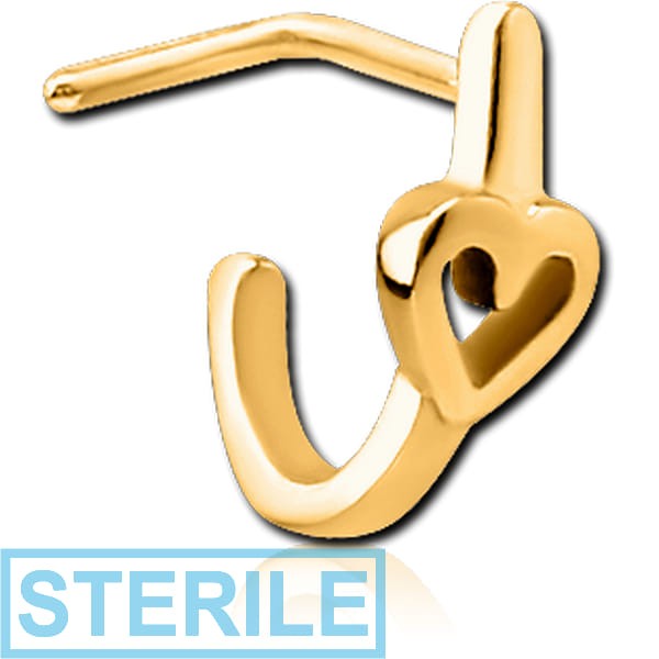 STERILE GOLD PVD COATED SURGICAL STEEL 90 DEGREE WRAP AROUND NOSE STUD - HEART