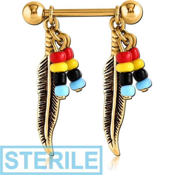 STERILE GOLD PVD COATED SURGICAL STEEL NIPPLE SHIELD - BEADS AND FEATHER