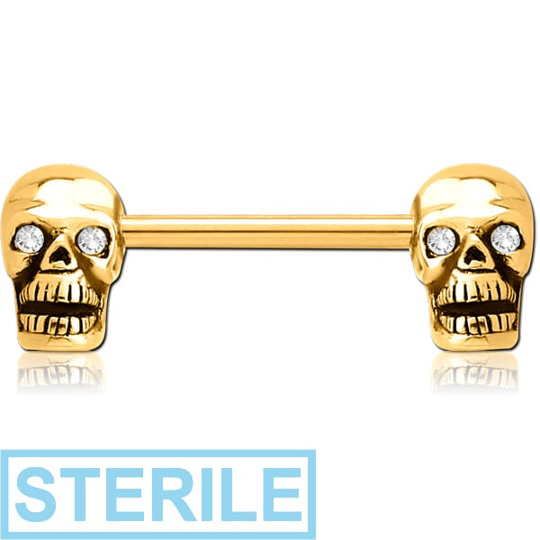 STERILE GOLD PVD COATED SURGICAL STEEL NIPPLE BAR - SKULL