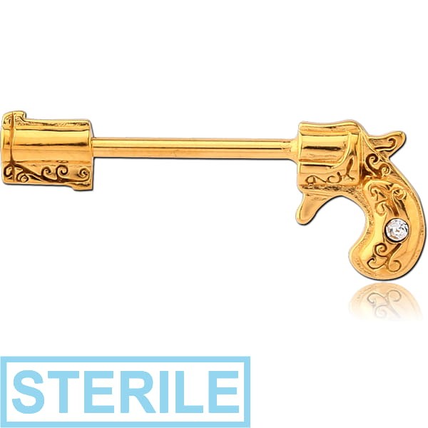 STERILE GOLD PVD COATED SURGICAL STEEL NIPPLE BAR - GUN