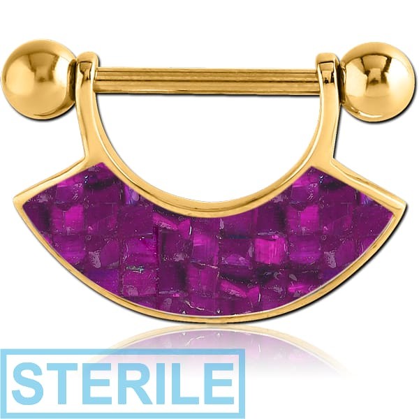 STERILE GOLD PVD COATED SURGICAL STEEL SYNTHETIC MOTHER OF PEARL MOSAIC NIPPLE SHIELD - FAN