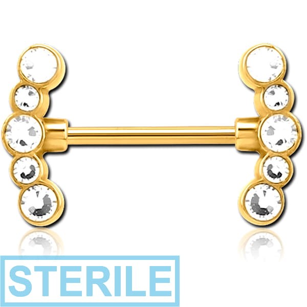STERILE GOLD PVD COATED SURGICAL STEEL JEWELLED NIPPLE BAR