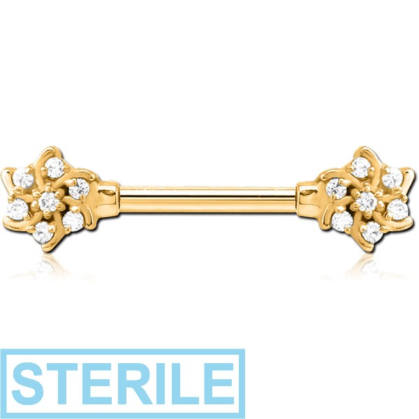 STERILE GOLD PVD COATED SURGICAL STEEL JEWELLED NIPPLE BAR