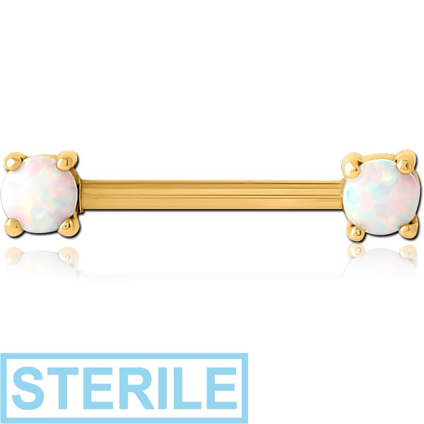 STERILE GOLD PVD COATED SURGICAL STEEL EXTERNAL THREADED SYNTHETIC OPAL NIPPLE BAR
