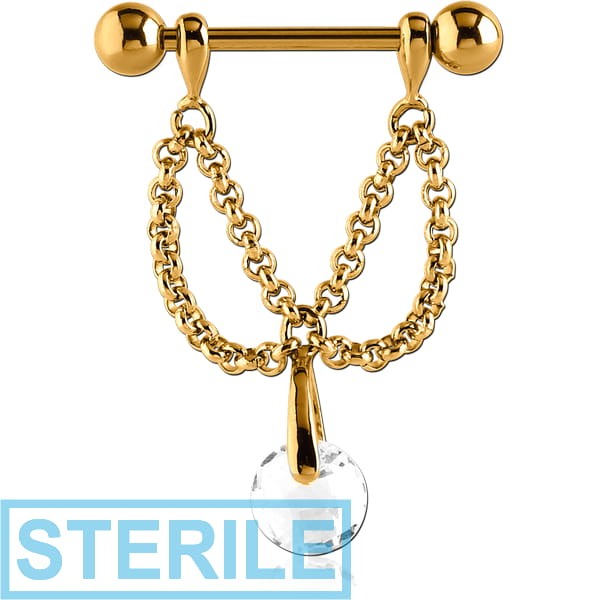 STERILE GOLD PVD COATED SURGICAL STEEL JEWELLED NIPPLE SHIELD - CHAIN AND ROUND BALL