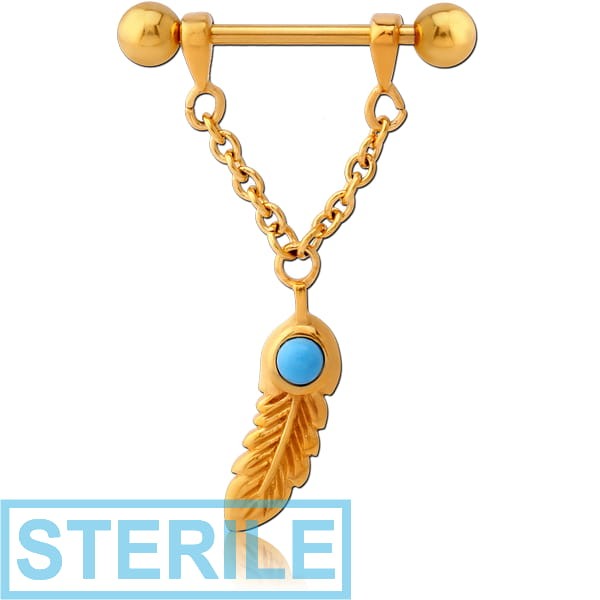 STERILE GOLD PVD COATED SURGICAL STEEL TURQUOISE NIPPLE SHIELD - CHAIN WITH FEATHER