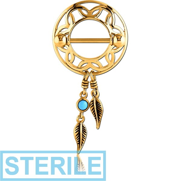STERILE GOLD PVD COATED SURGICAL STEEL TURQUOISE DREAMCATCHER WITH FEATHERS NIPPLE SHIELD