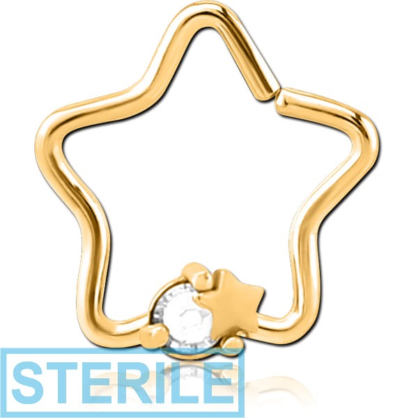 STERILE GOLD PVD COATED SURGICAL STEEL JEWELLED OPEN STAR SEAMLESS RING - STAR AND GEM