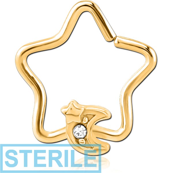 STERILE GOLD PVD COATED SURGICAL STEEL JEWELLED OPEN STAR SEAMLESS RING - CRESCENT AND STAR
