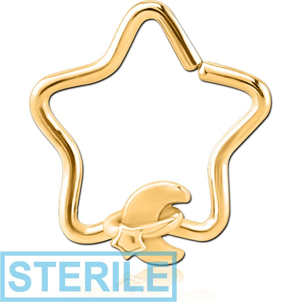 STERILE GOLD PVD COATED SURGICAL STEEL OPEN STAR SEAMLESS RING - ANNULAR ECLIPSE AND STAR