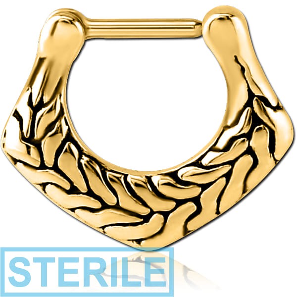 STERILE GOLD PVD COATED SURGICAL STEEL HINGED SEPTUM CLICKER - FILIGREE