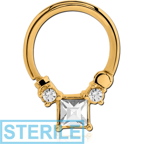 STERILE GOLD PVD COATED SURGICAL STEEL HIGH END CRYSTAL JEWELLED HINGED SEPTUM CLICKER