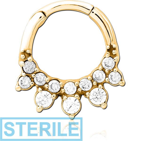 STERILE GOLD PVD COATED SURGICAL STEEL JEWELLED HINGED SEPTUM CLICKER RING