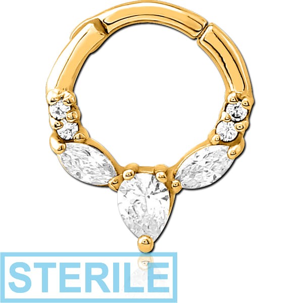 STERILE GOLD PVD COATED SURGICAL STEEL JEWELLED HINGED SEPTUM CLICKER RING