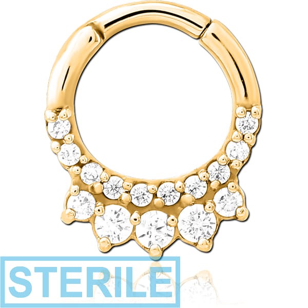 STERILE GOLD PVD COATED SURGICAL STEEL JEWELLED HINGED SEPTUM CLICKER RING
