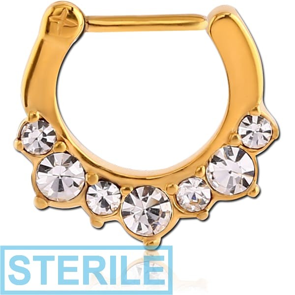 STERILE GOLD PVD COATED SURGICAL STEEL ROUND JEWELLED HINGED SEPTUM CLICKER