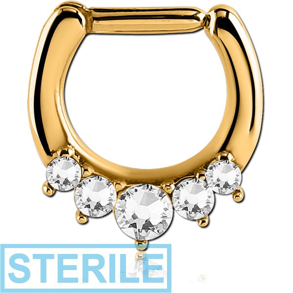 STERILE GOLD PVD COATED SURGICAL STEEL ROUND HIGH END CRYSTALS JEWELLED HINGED SEPTUM CLICKER