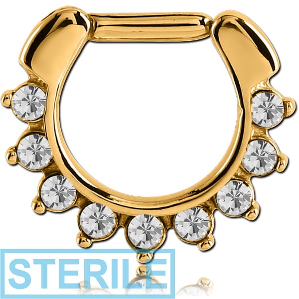STERILE GOLD PVD COATED SURGICAL STEEL ROUND JEWELLED HINGED SEPTUM CLICKER