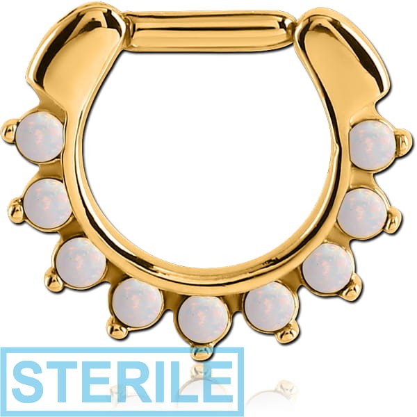 STERILE GOLD PVD COATED SURGICAL STEEL ROUND SYNTHETIC OPAL HINGED SEPTUM CLICKER