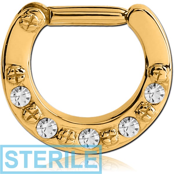STERILE GOLD PVD COATED SURGICAL STEEL ROUND JEWELLED HINGED SEPTUM CLICKER