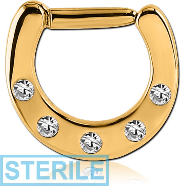 STERILE GOLD PVD COATED SURGICAL STEEL ROUND JEWELLED HINGED SEPTUM CLICKER