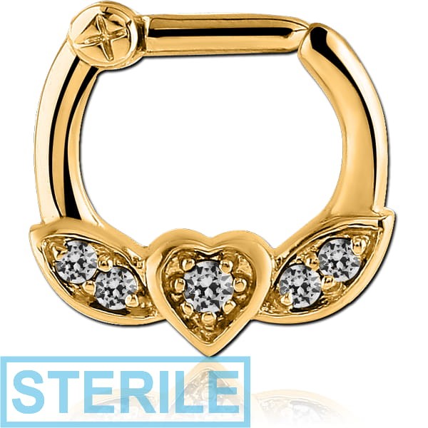 STERILE GOLD PVD COATED SURGICAL STEEL WINGED HEART PRONG SET JEWELLED HINGED SEPTUM CLICKER