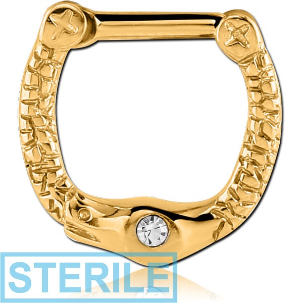 STERILE GOLD PVD COATED SURGICAL STEEL JEWELLED SNAKE HINGED SEPTUM CLICKER
