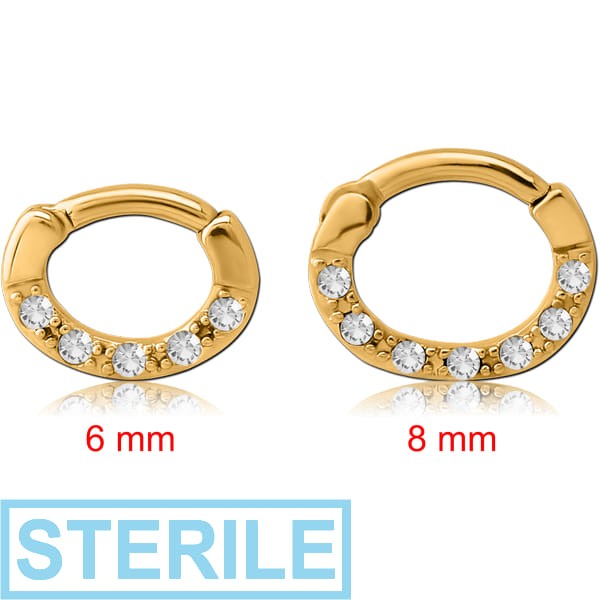 STERILE GOLD PVD COATED SURGICAL STEEL ROUND JEWELLED HINGED SEPTUM CLICKER